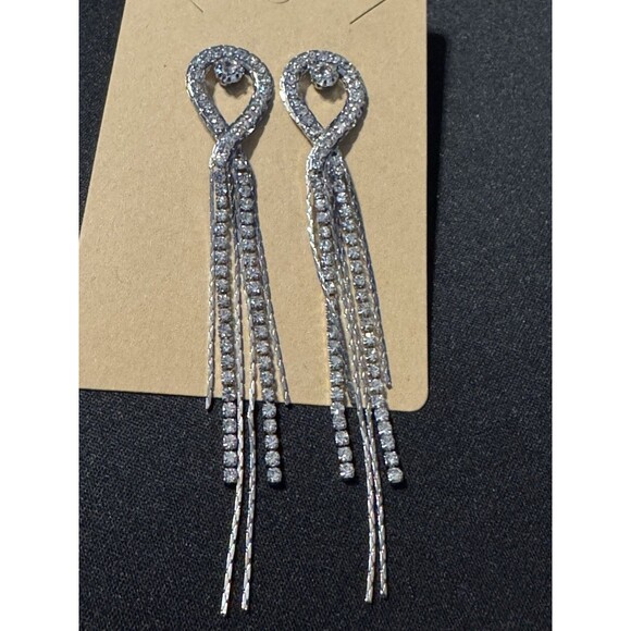 Rhinbestone Costume Earrings Long Dangle Silver Tone - Picture 2 of 4